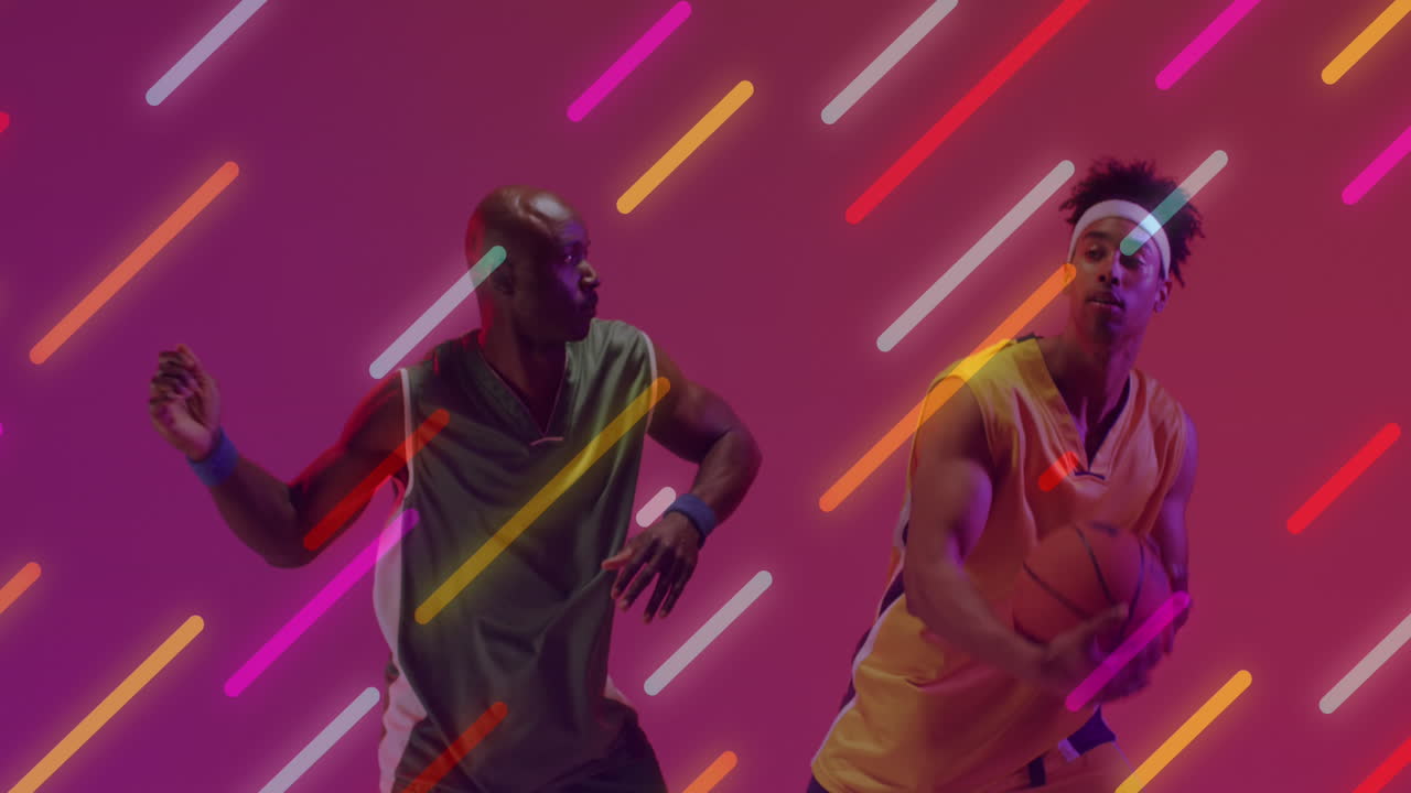 animazione di linee al neon su giocatori di basket sullo sfondo al neon.