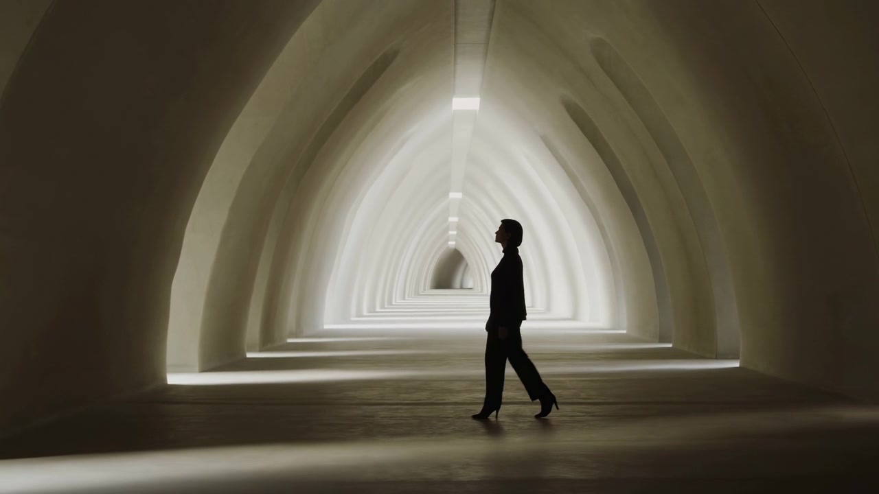 Une personne solitaire marche le long d'un vaste tunnel intérieur voûté, avec des ouvertures incurvées répétées, un chemin lumineux central et éclatant, des murs lisses.