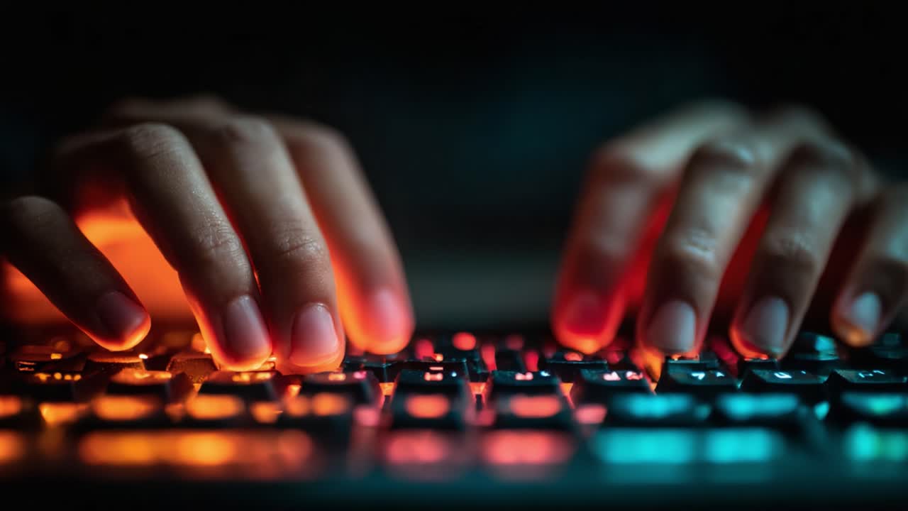 Intenst fokus på et baggrundsbelyst tastatur: Indfanger kunsten i digital interaktion og rytmen af at taste i et svagt oplyst miljø