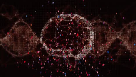 Animation-of-brain-rotating-with-colourful-confetti-falling-on-black-background
