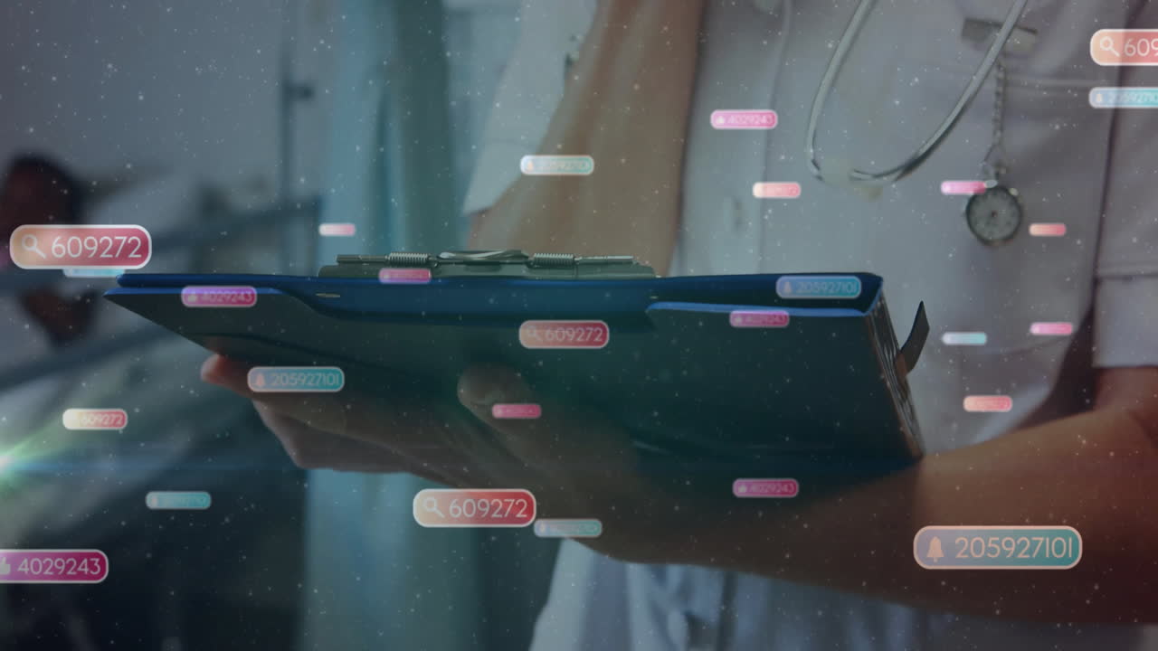 Writing on clipboard, doctor with medical data animation over background