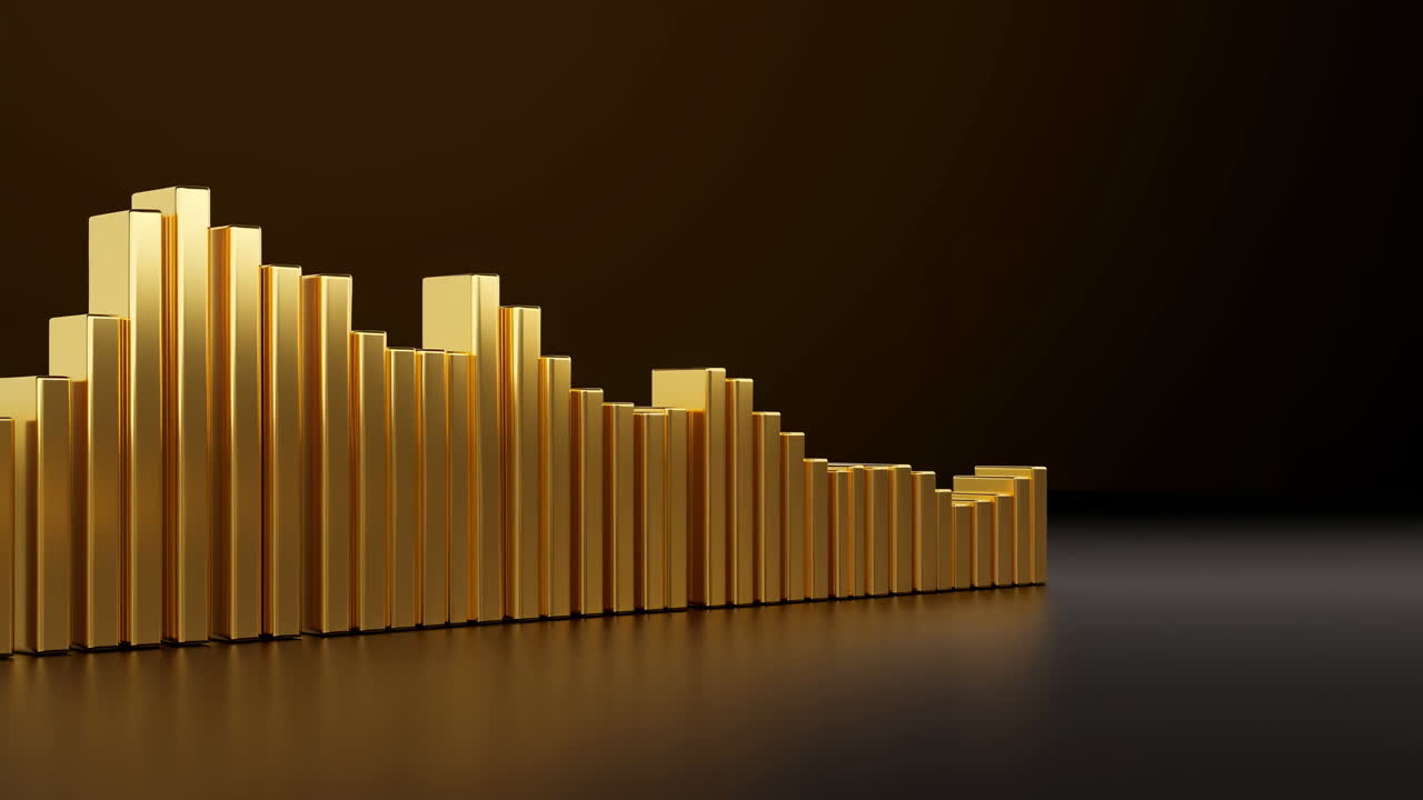 Glossy Gold Bars Arranged Like Financial Histogram On Reflective Black Surface, Warm Lighting Emphasizing