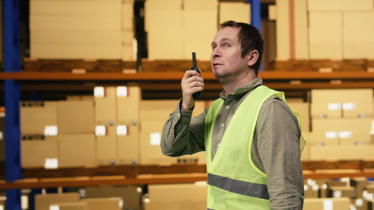 Man depot personnel coordinating cargo loading with walkie-talkie speaker