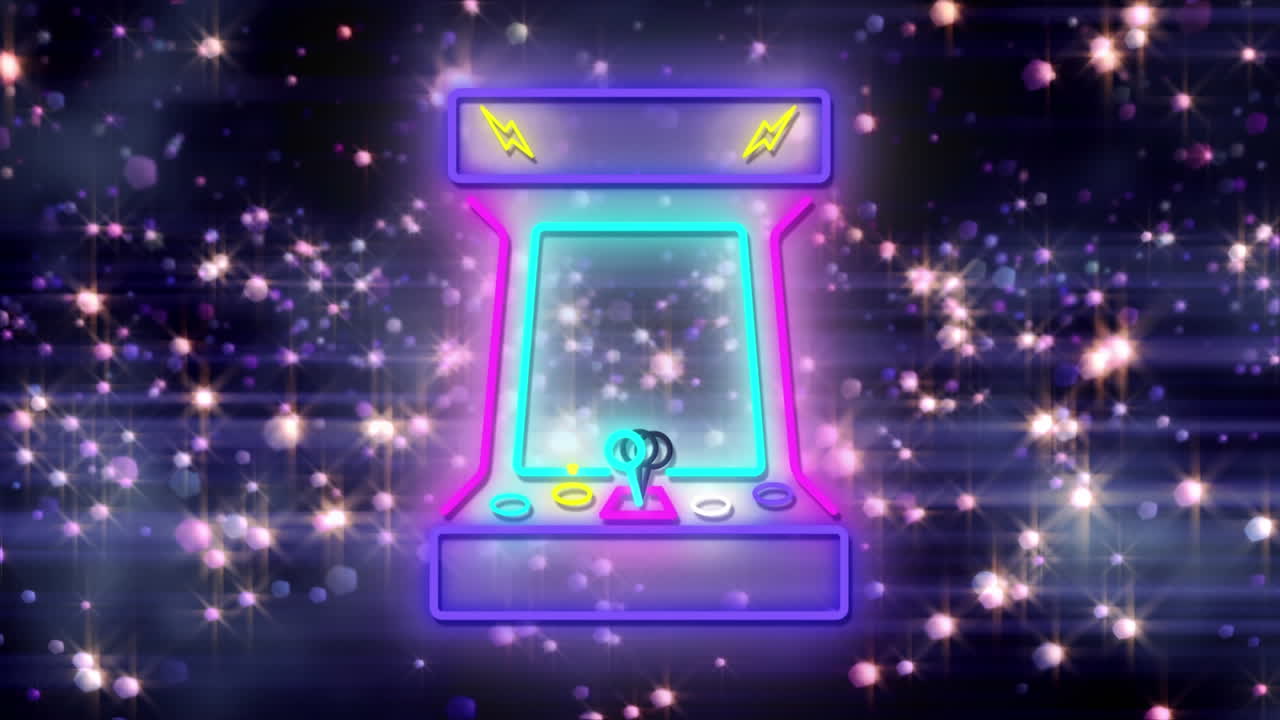 animación digital de una máquina de juego de arcade de neón contra manchas brillantes de luz sobre un fondo azul