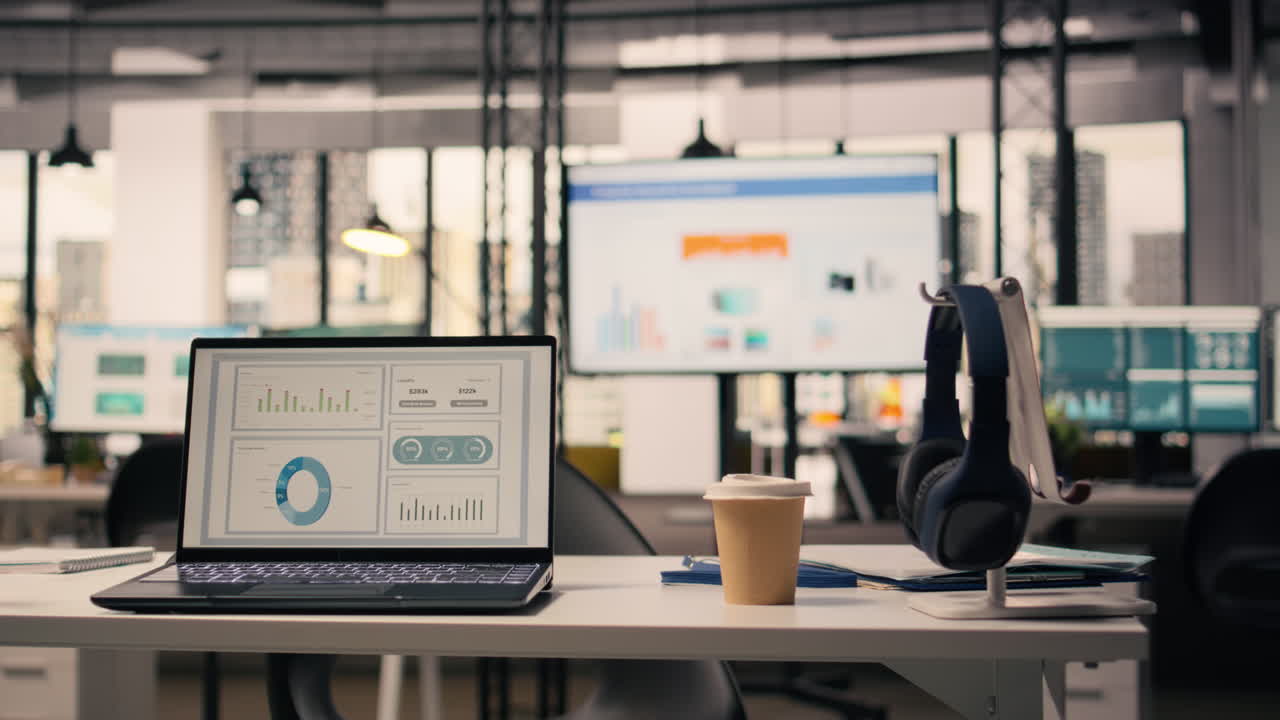 Business KPIs shown on screen in empty executive office setup, work environment