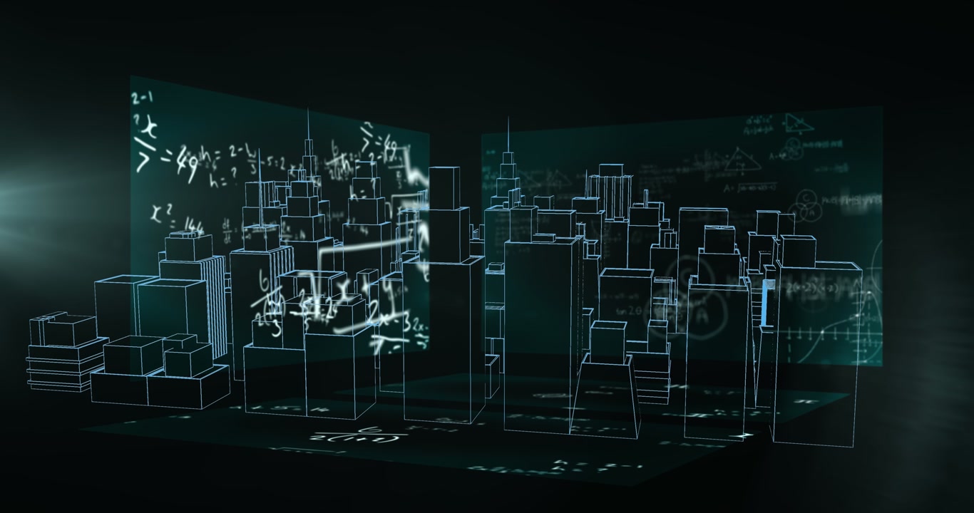 Animation of city drawing spinning over cityscape of cityscape on black background