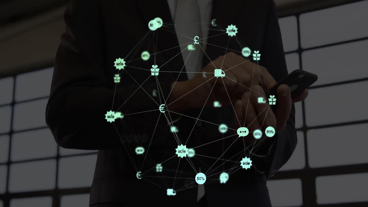 Animation of network of connections over person using smartphone