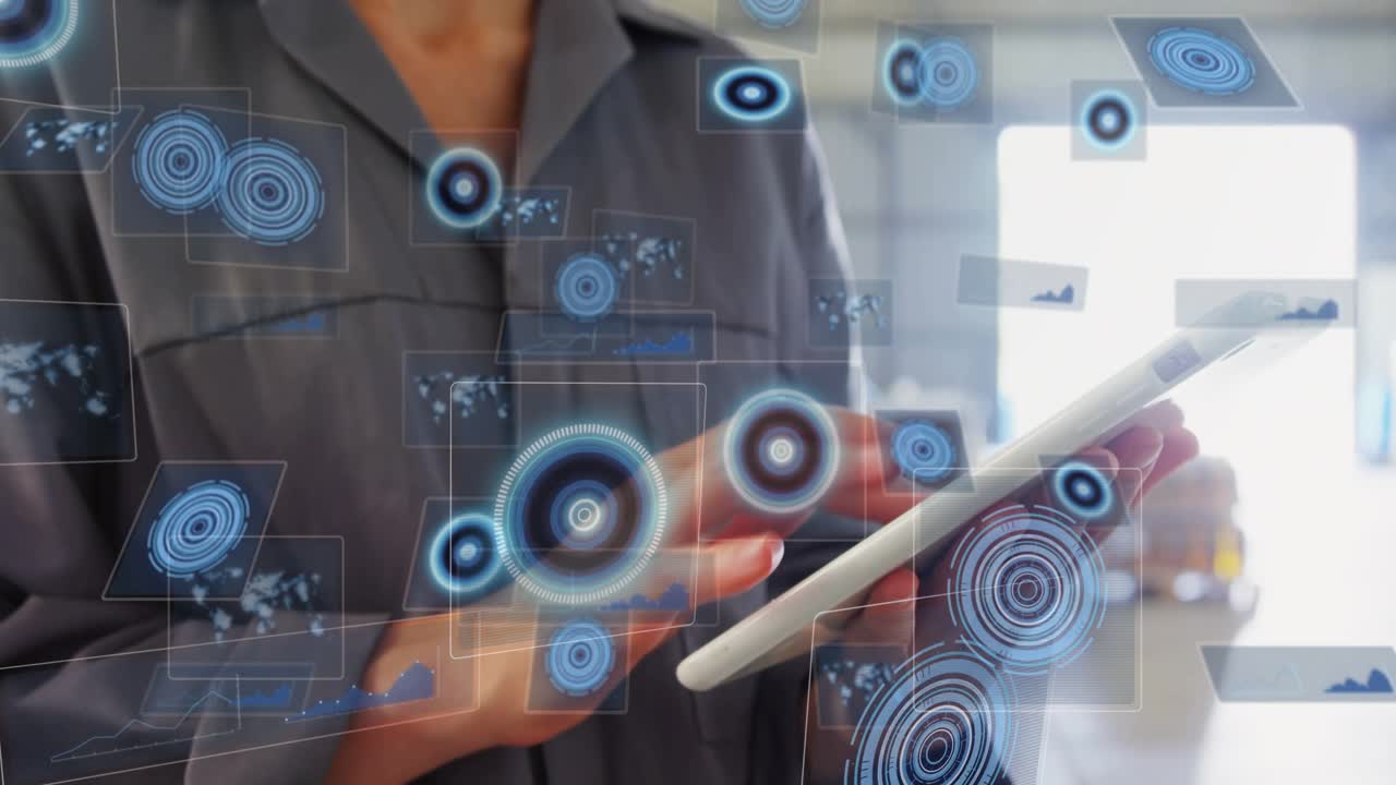 Warehouse tech tapping tablet while AR HUD graphs and circle targets expanding monitoring stock