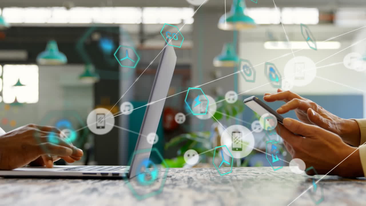 Using laptop and smartphone, people sharing data in digital network animation