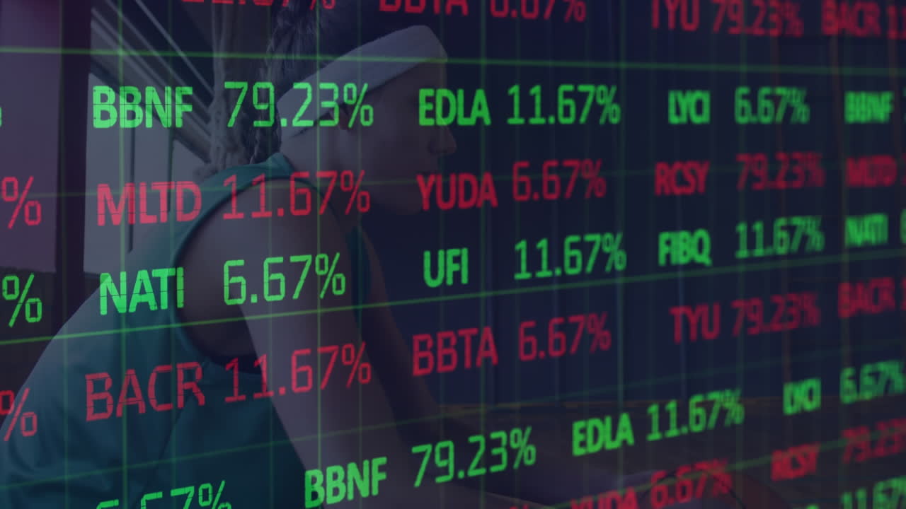 Animazione di elaborazione dati finanziari su una giocatrice di basket caucasica in palestra