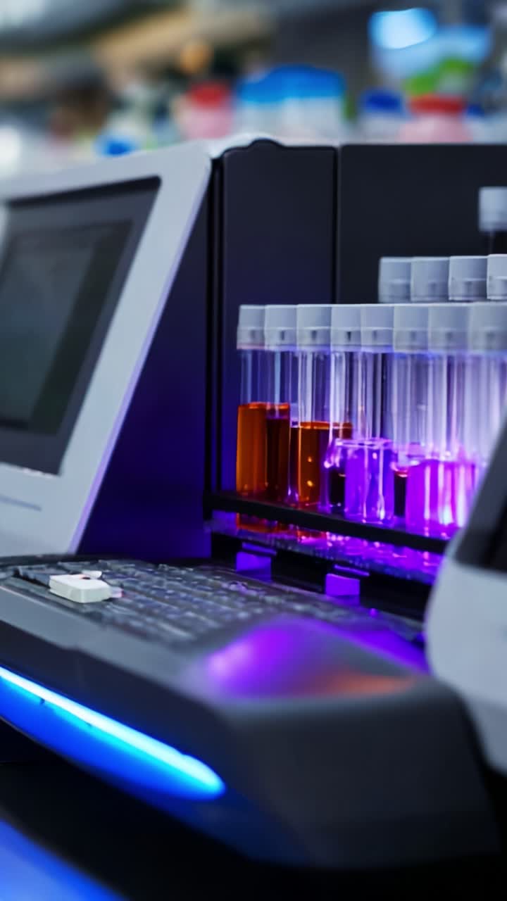 Geavanceerde laboratoriumapparatuur met kleurrijke reageerbuizen met diverse vloeistofmonsters in een moderne wetenschappelijke onderzoeksfaciliteit