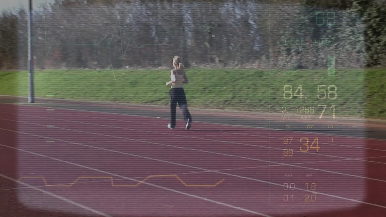 correr en la pista, atleta con animación de superposición de datos de salud