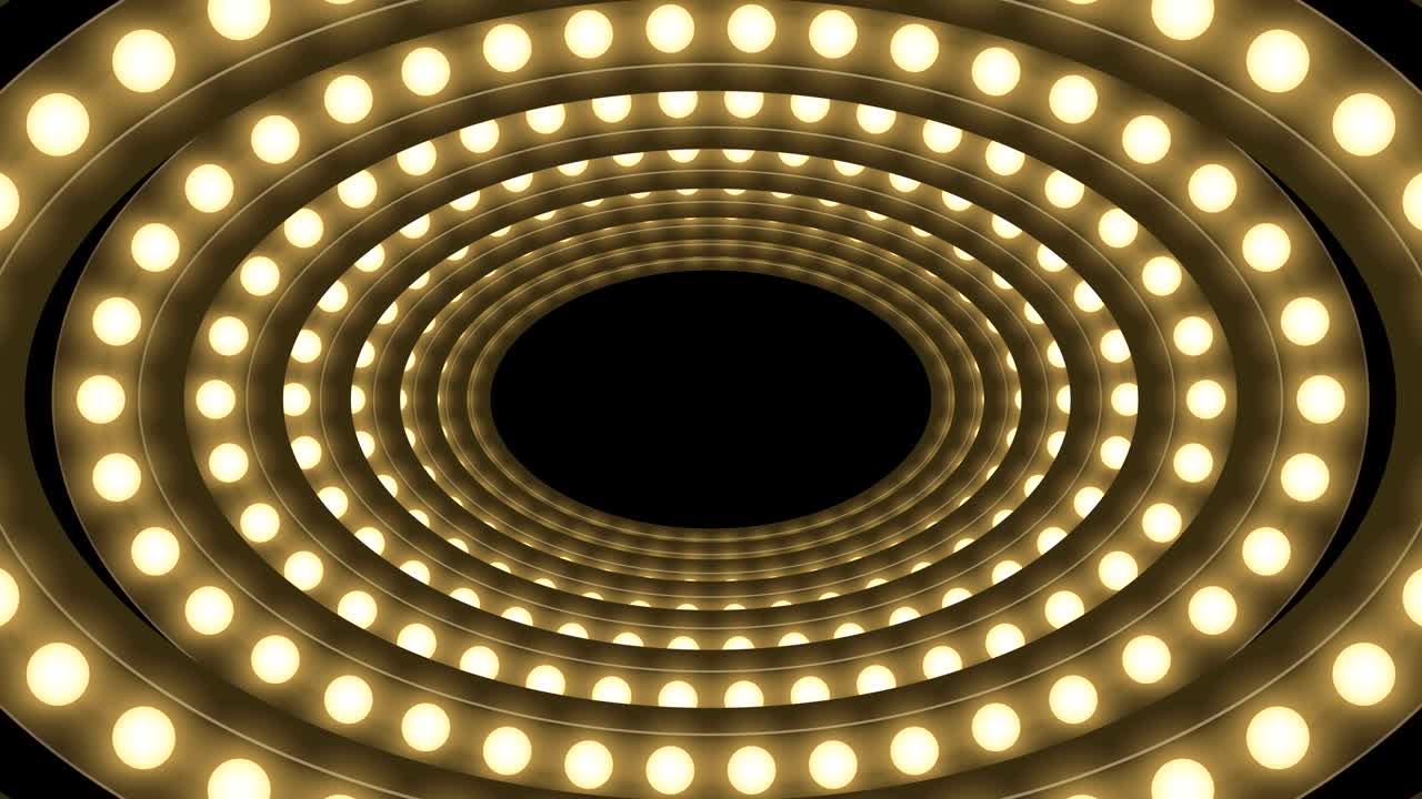 caja de bombilla incandescente de túnel marco de forma ovalada patrón móvil, estilo retro 3d ilustración de estilo virtual brillo en fondo oscuro animación de bucle sin costuras 4k, con espacio de copia