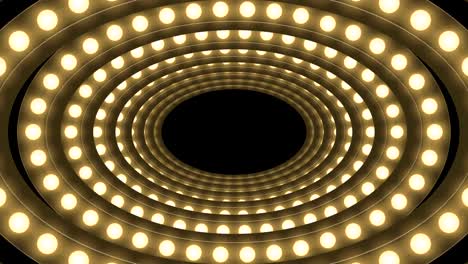 caja de bombilla incandescente de túnel marco de forma ovalada patrón móvil, estilo retro 3d ilustración de estilo virtual brillo en fondo oscuro animación de bucle sin costuras 4k, con espacio de copia