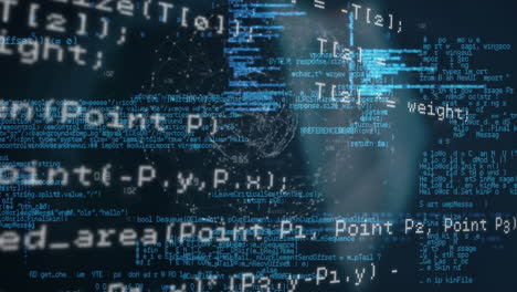 Animation of data processing over businessman touching interactive screen