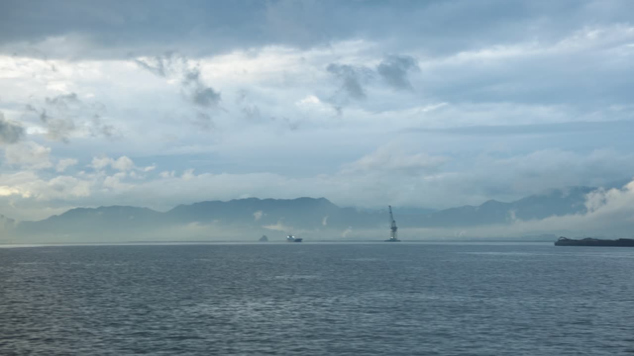 Inland Sea of Japan, Pan from Ferry over Ocean Mist Background