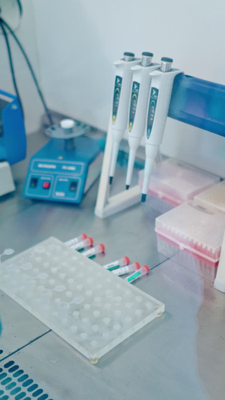 Researcher working in clinic. Laboratory worker places for blood samples on rack. Vertical video