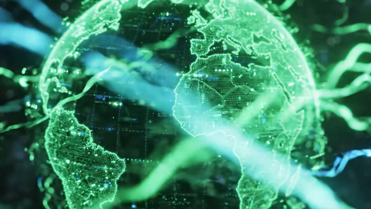 A Futuristic Perspective of Earth: Exploring the Green-Hued Global Representation Showcasing the Continents in a Technological Cosmic Environment