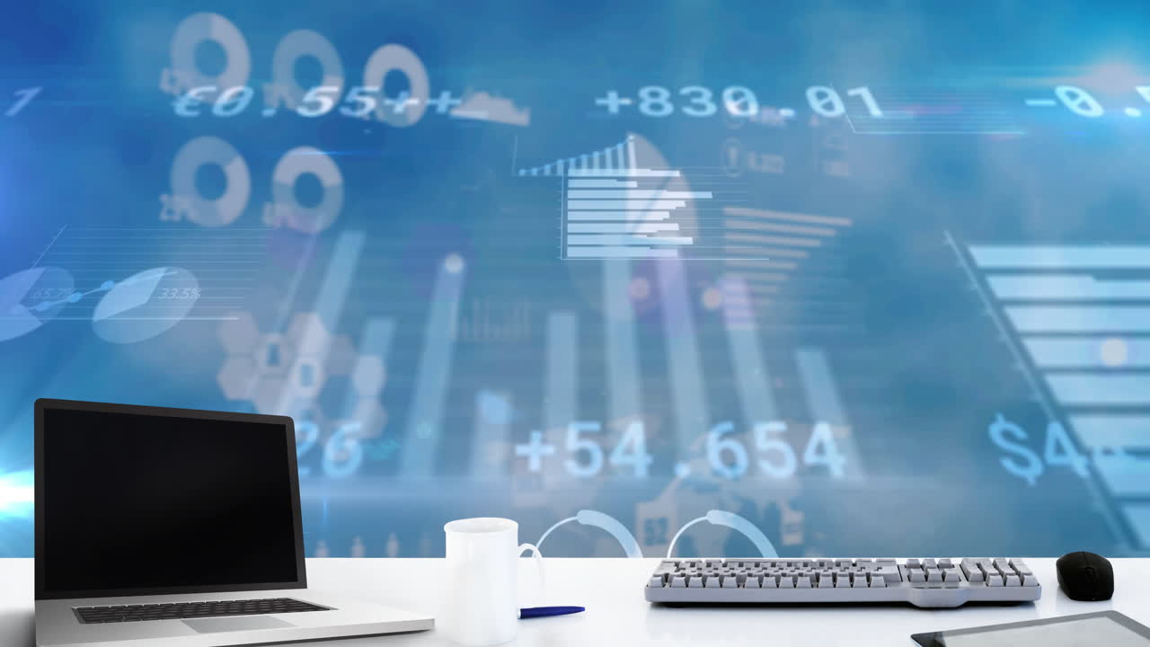 Laptop and coffee cup against statistical data processing against blue sky