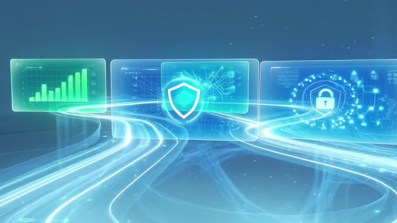 Digital Data Visualization and Cybersecurity Interface with Glowing Graphs and Shields