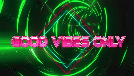 animation of good vibes only text over moving digital tunnel