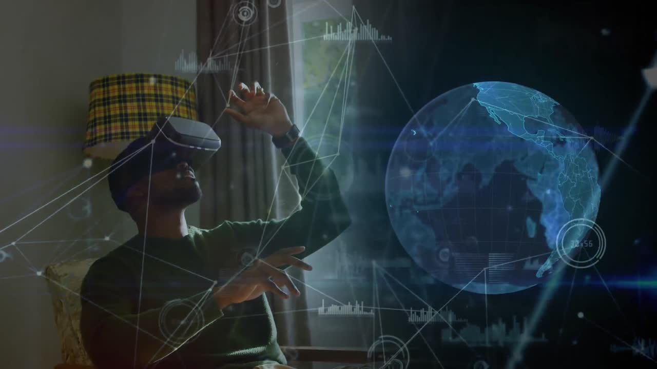 Man using virtual reality headset and digital globe