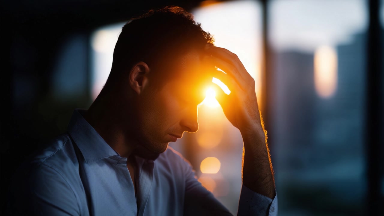 A contemplative moment captured as sunlight dramatically highlights a man's profile, illuminating his features and casting soft shadows against an evening backdrop.