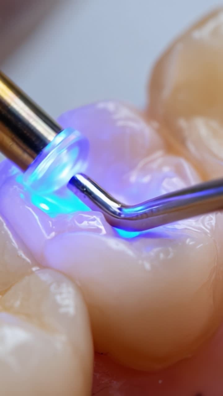 Trattamento dentale sotto luce LED: l'applicazione della polimerizzazione con luce blu nel restauro in resina composita per la riparazione dei denti e il miglioramento estetico.
