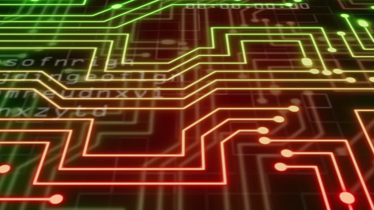 Animation of circuit board and data processing over screens