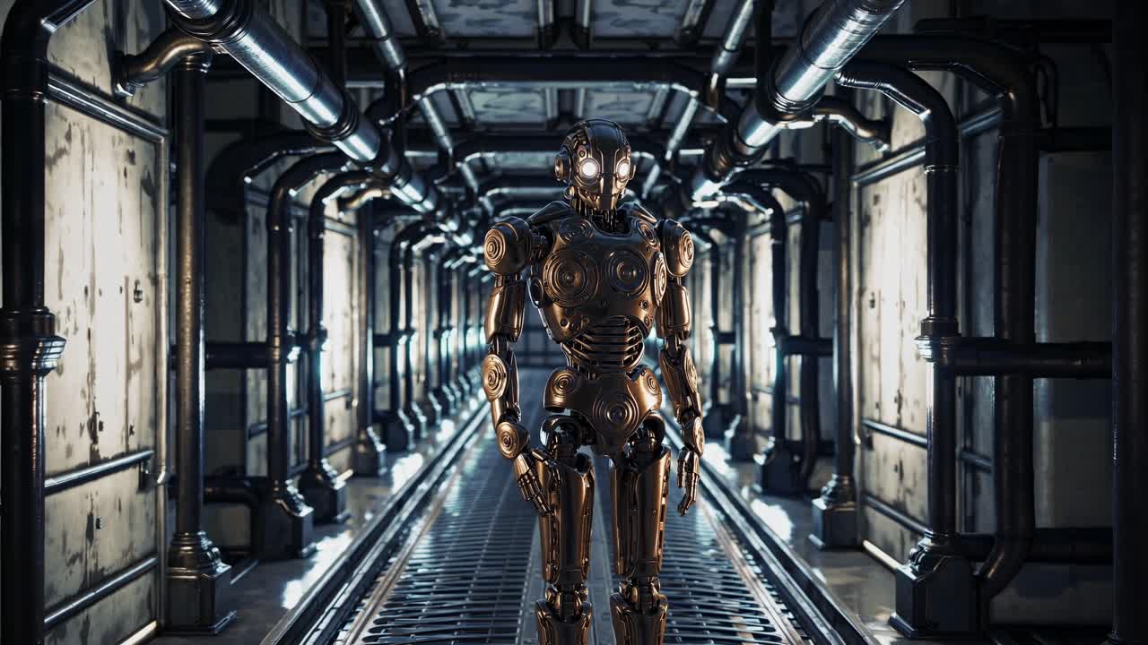 Futuristic robot in a metallic corridor, captured from a low-angle shot