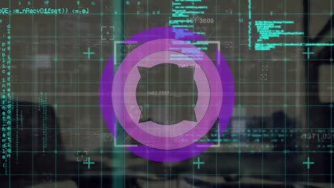 Animation-of-purple-circles-and-data-processing-over-empty-office