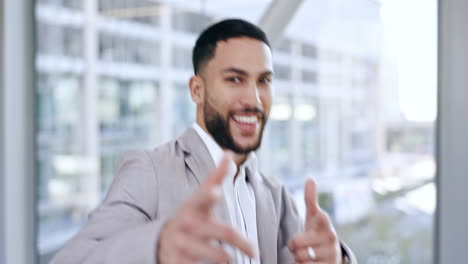 Finger-guns,-face-and-business-man-in-office