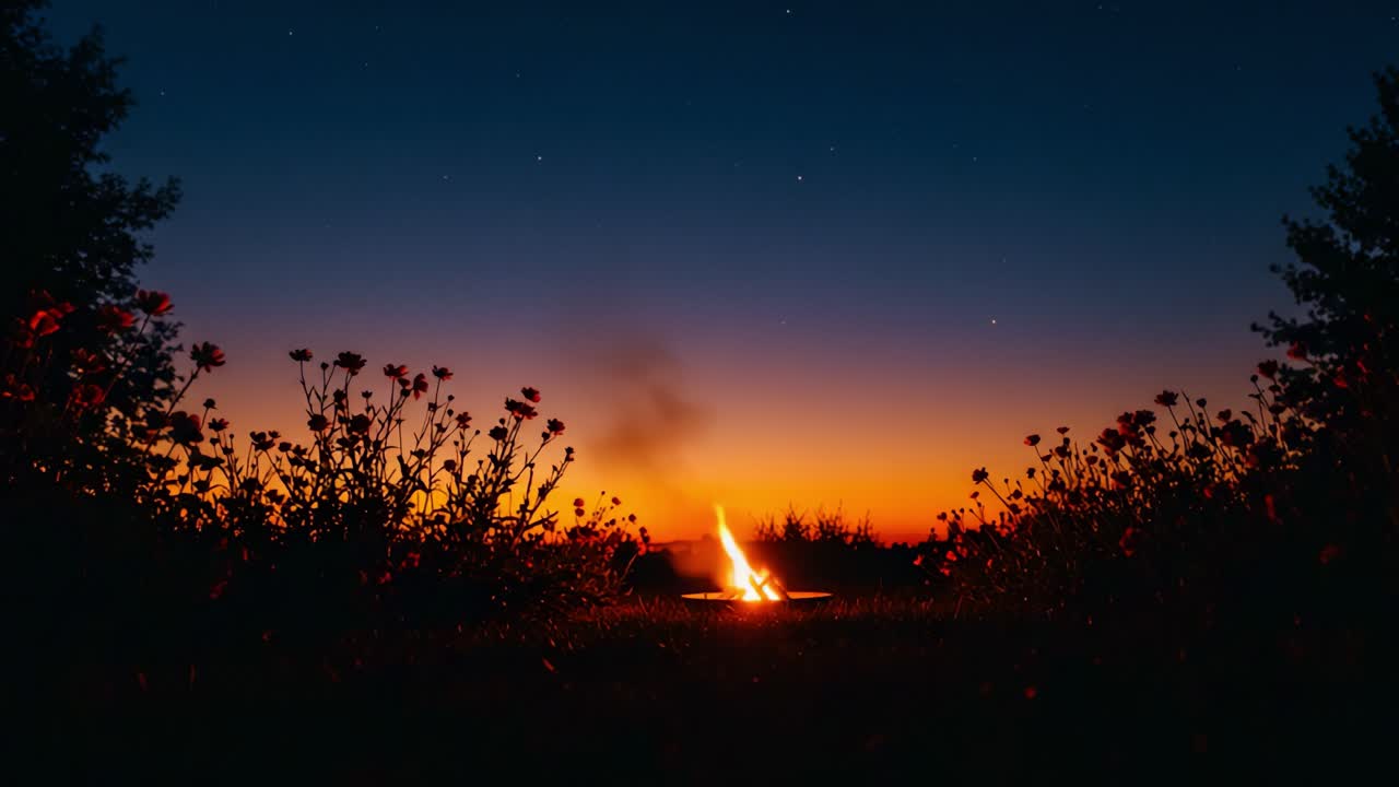 A Captivating Evening Campfire Against a Vivid Sunset Sky, Surrounded by Blossoming Flowers and Twinkling Stars Creating a Serene Outdoor Atmosphere