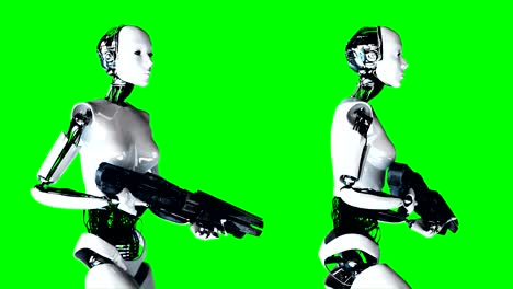 el robot humanoide femenino futurista está caminando con un arma. movimiento y reflejos realistas. imágenes de pantalla verde 4k.