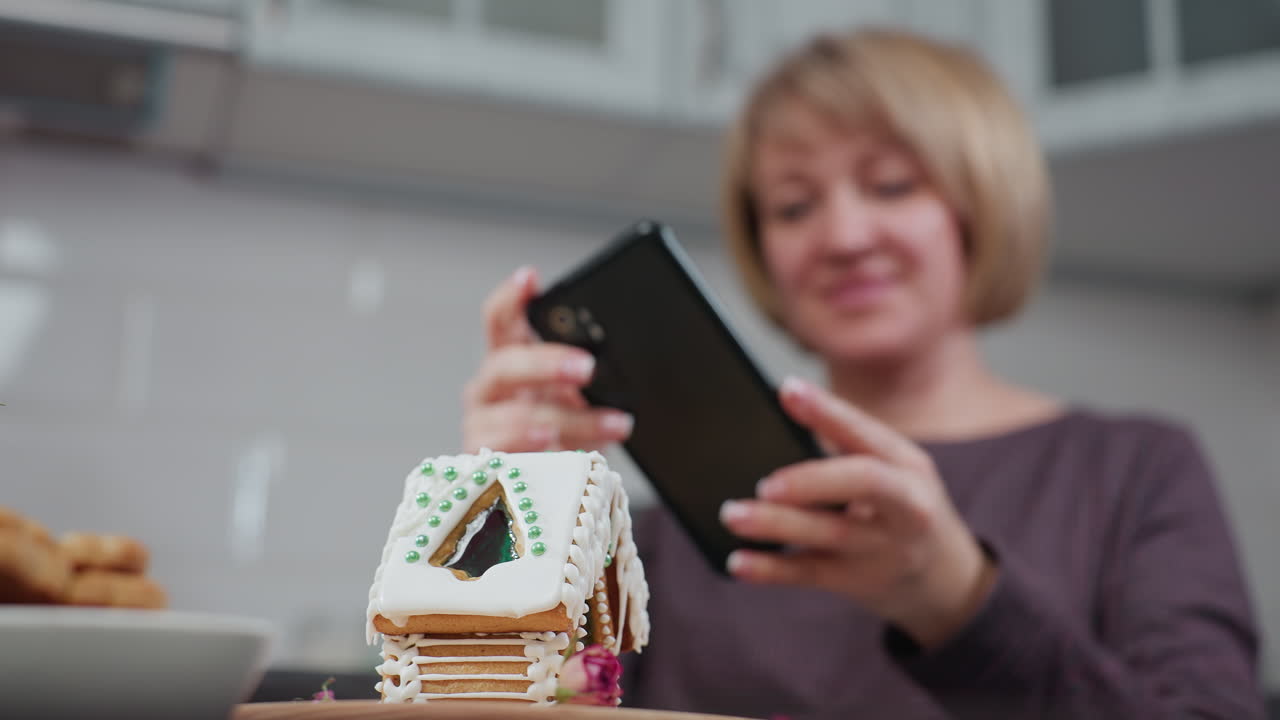 un fondo ligeramente borroso de una mujer sonriente tomando una foto de una casa de pan de jengibre detallada en una bandeja de madera, un entorno de cocina festivo y acogedor con iluminación cálida, galletas y decoraciones