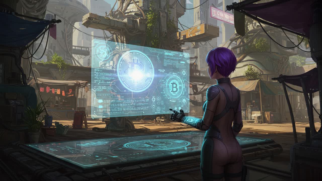 A futuristic scene where a figure interacts with a holographic interface displaying cryptocurrency data and insights, set against an intricate urban backdrop of a technologically advanced city