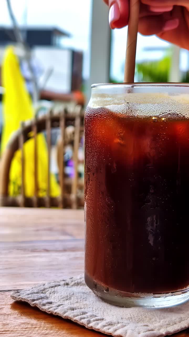 A Refreshing Iced Coffee Being Stirred on a Warm Day by the Beach in Bali, Indonesia - Vertical Shot