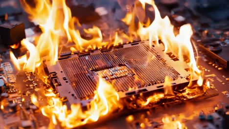 a computer motherboard on fire on a circuit board