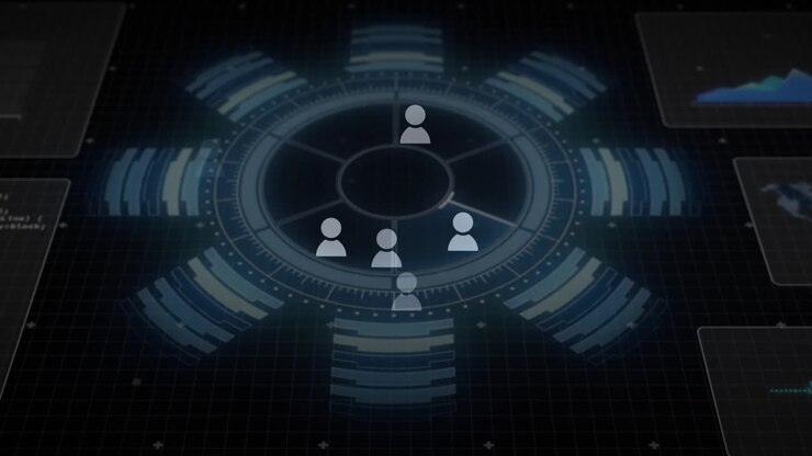 Animazione di icone di persone su scanner circolare con elaborazione dati su sfondo nero