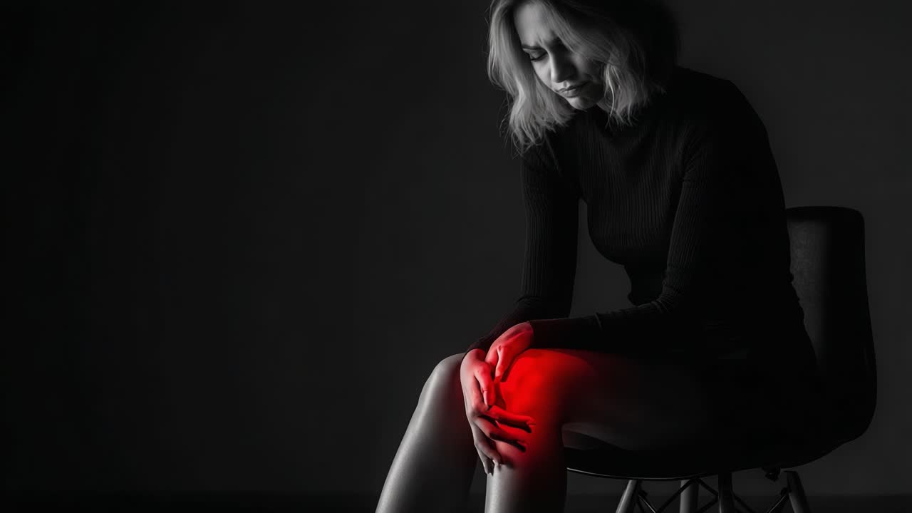 A Contemplative Moment: A Woman in Shadows Embracing a Difficult Emotion While Sitting, With a Striking Red Light Highlighting Her Knee