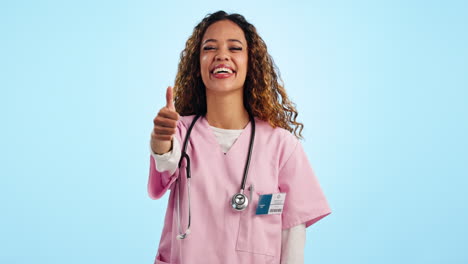 cara, médico y mujer con los pulgares hacia arriba
