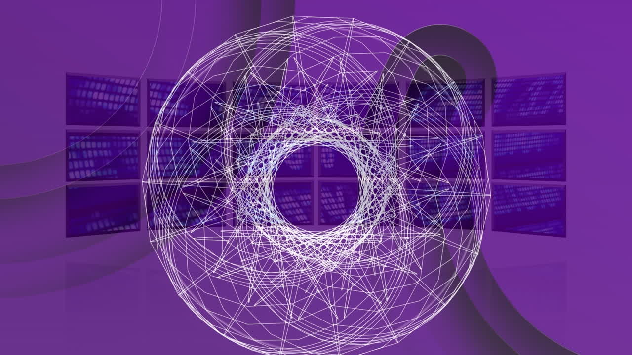 animación de círculos blancos sobre el procesamiento de datos en fondo púrpura