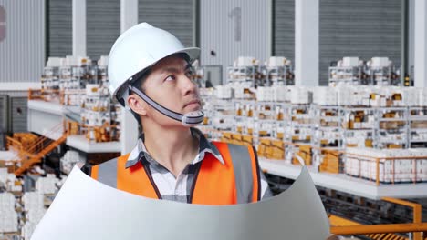 engineer reviewing blueprints in a warehouse