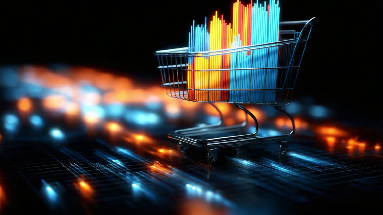 A Shopping Cart Representing E-commerce Growth with Data Visualizations of Trends, Metrics, and Analytics in a Digital Landscape of Business and Retail Innovations