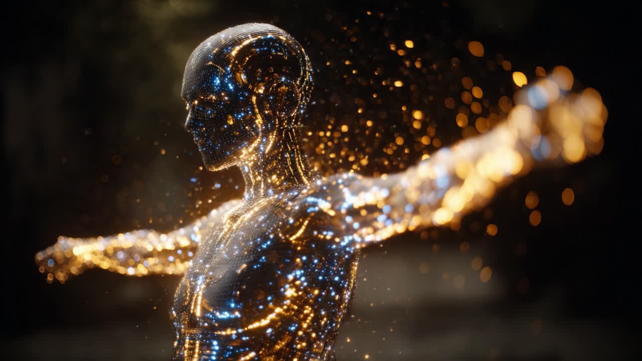 A mesmerizing depiction of a glowing humanoid figure, ethereal and illuminated, surrounded by a cascade of shimmering particles that radiate energy and light