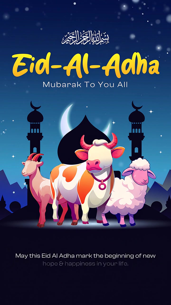 Animazione di auguri festivi di Eid al-Adha con mucche e pecore su sfondo notturno blu