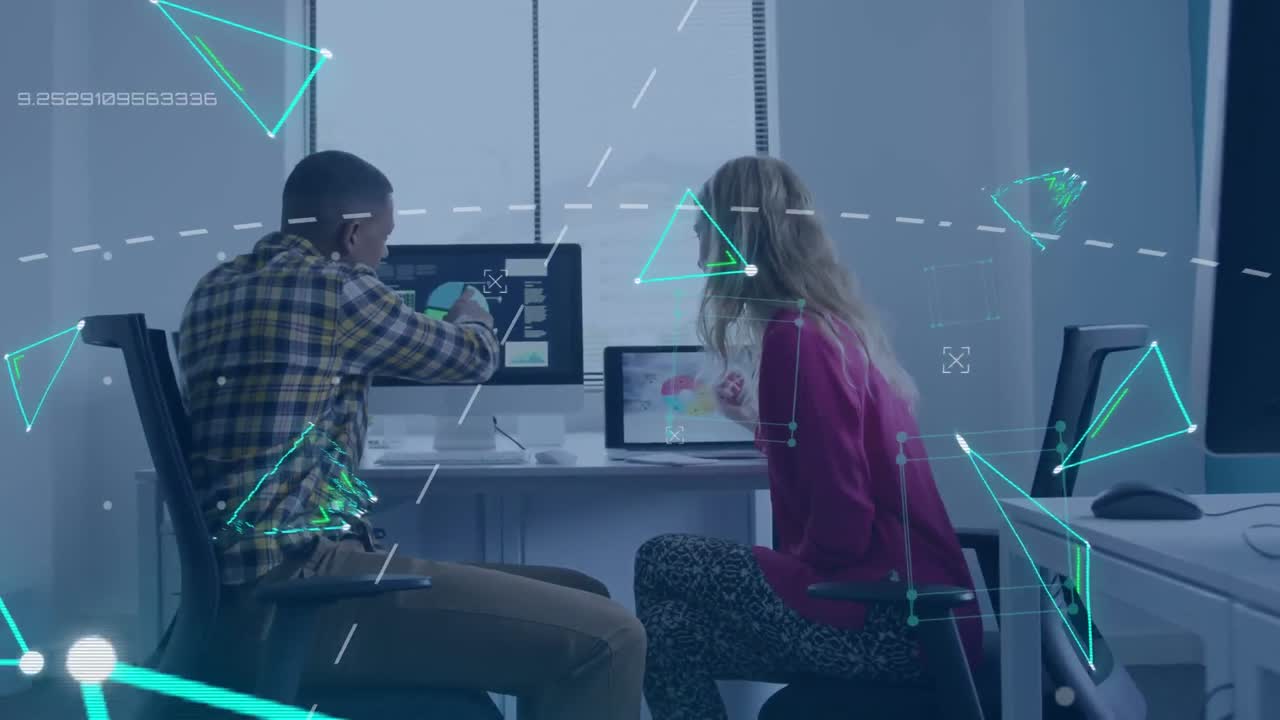 Animation of neon shapes and data processing over diverse business people in office