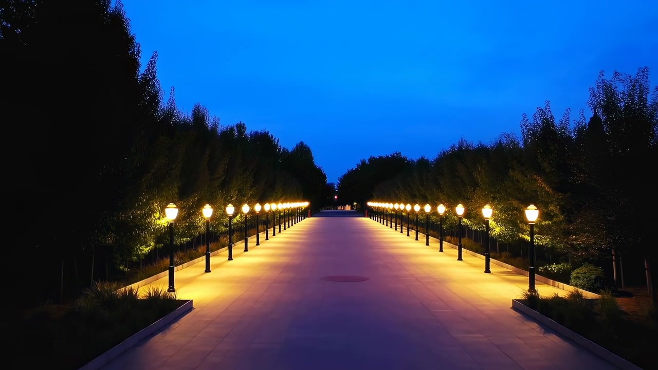 Una tranquilla scena serale con una strada e alberi illuminati, catturata in un ambiente pacifico e sereno con una ripresa grandangolare statica. Il manto stradale in cemento e i pali metallici aggiungono.