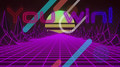 animation von ihnen gewinnen text über buntes gitter mit digitalem gelände
