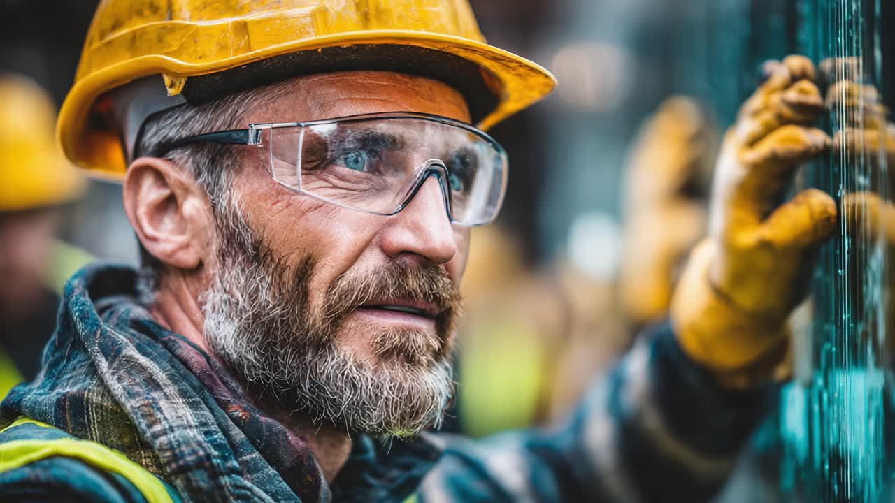 Focused Construction Worker in Safety Gear Concentrating on Glass Installation at a Building Site, Showcasing Dedication and Expertise in His Craft